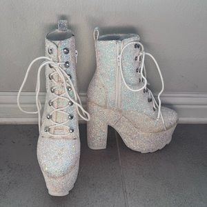 Dolls Kill YRU Night Terror Size 8 US Women 6.75" White Glitter Platform Heels